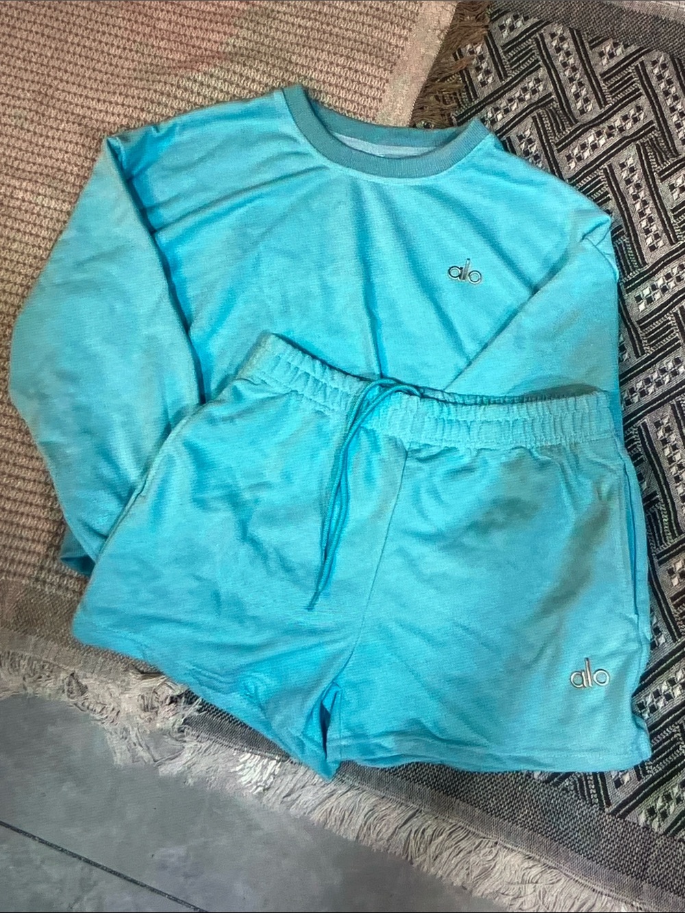 ALO Yoga Aqua Blue Long Sleeve Top with Matching Shorts